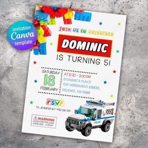 May include: A colorful Lego birthday invitation for Dominic's 5th birthday party. The invitation features a Lego police car and the text "Join us to celebrate Dominic is turning 5!"  The party is on Saturday, February 18th from 12:30 to 3:00 PM at Dominic's Place, 234 Merriment Street, Delight, OH 44104. RSVP to Jennifer at 167-492-56-09.