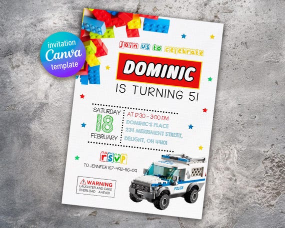 Building blocks invitation, bricks invite, printable editable invitation template, construction police car invite template, 1st 2nd 3rd bday
