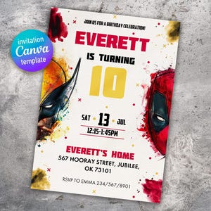 Convite editável de aniversário de Deadpool e Wolverine, festa de super-heróis de Wolverine Deadpool, convite para impressão