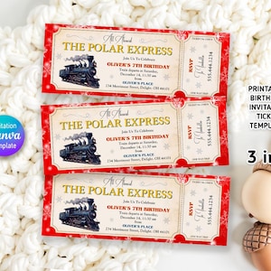 Op de afbeelding: Drie Polar Express verjaardagskaartjes met een rode rand en een vintage trein illustratie. De kaartjes bevatten evenementdetails en RSVP-informatie. De tekst "3 in 1" is ook zichtbaar.