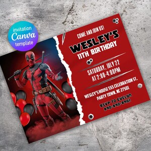 Bewerkbare Deadpool en Wolverine verjaardagsuitnodiging, Dead pool superheldenfeest, afdrukbare uitnodiging