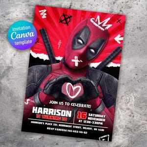 Bewerkbare Deadpool en Wolverine verjaardagsuitnodiging, Dead pool superheldenfeest, afdrukbare uitnodiging