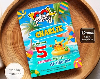 Invito di compleanno anime, invito modificabile per la festa di compleanno, download digitale per ragazzi, biglietto stampabile a tema festa in piscina, invito personalizzato a tema Pika