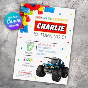 Könnte beinhalten: Eine Geburtstagseinladung mit farbenfrohem Design. Die Einladung lautet "Charlie wird 5!" und enthält Details zur Party, wie Datum, Uhrzeit und Ort. Am unteren Rand ist ein Spielzeug-Truck abgebildet.