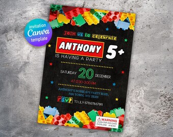 Building blocks invitation, Building blocks invite, printable editable invitation template, constructor invite template