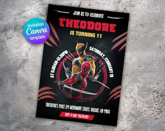 May include: A black and red birthday party invitation featuring Deadpool and Wolverine characters. The invitation reads "Join us to celebrate Theodore is turning 11" and includes the date and time of the party.