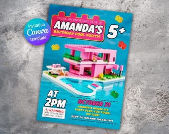 Building blocks invitation, Building blocks water slide invite, printable editable invitation template, constructor invite template