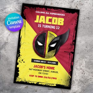 Editable Deadpool and Wolverine Birthday Invitation, Wolverine Deadpool Superheroes Party, printable Invitation