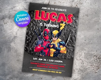 Editable Deadpool and Wolverine Birthday Invitation, Wolverine Deadpool Superheroes Party, printable Invitation