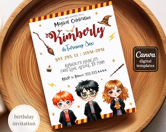 May include: A birthday invitation with a magical theme. The invitation features illustrations of cartoon characters, a broom, a wizard's hat, and a wand. The text reads "Kimberly is Turning Six" and includes event details.