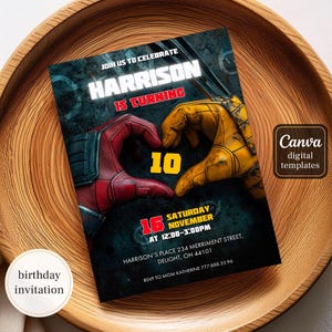 Editable Deadpool and Wolverine Birthday Invitation, Wolverine Deadpool Superheroes Party, printable Invitation