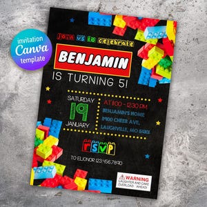 May include: Black invitation template with colorful building blocks and the text "BENJAMIN IS TURNING 5!" The invitation includes the date, time, location, and RSVP information. A Canva template logo is in the upper left corner.