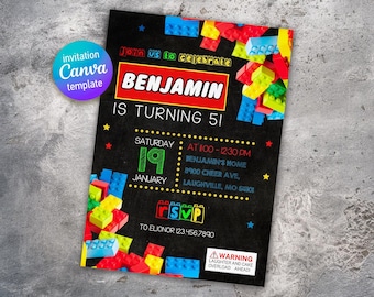 Building blocks invitation, Building blocks invite, printable editable invitation template, constructor invite template