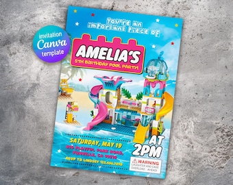 Building blocks invitation, Building blocks water slide invite, printable editable invitation template, constructor invite template
