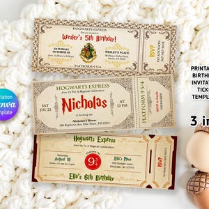 May include: Three printable birthday invitation ticket templates with a Hogwarts Express theme. The tickets feature text such as "Wesley's 5th Birthday!", "Nicholas is turning six", and "Ella's 6th Birthday". The tickets are tan with burgundy accents.