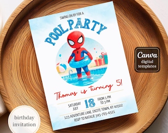 Spidey Pool Party Invitation, Editable Superhero Birthday Invite, Swim Theme Digital Download, Spiderman Water Bash Printable Template