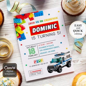 May include: A colorful invitation for a 5th birthday party with a Lego theme. The invitation features a Lego police car, a Lego number 18, and the text "Join us to celebrate Dominic is turning 5!"