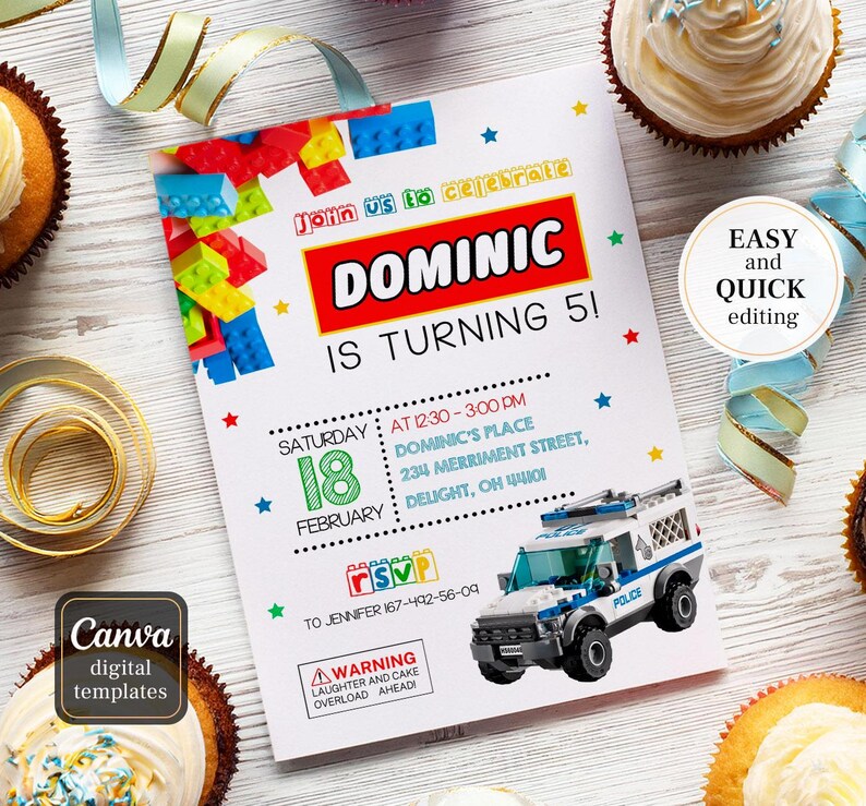 May include: A colorful invitation for a 5th birthday party with a Lego theme. The invitation features a Lego police car, a Lego number 18, and the text "Join us to celebrate Dominic is turning 5!"