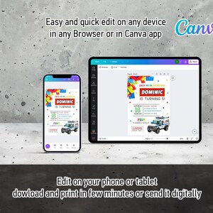 May include: A digital invitation template for a birthday party. The invitation features a colorful design with a toy truck and the text "DOMINIC IS TURNING 5". The invitation is editable in Canva.