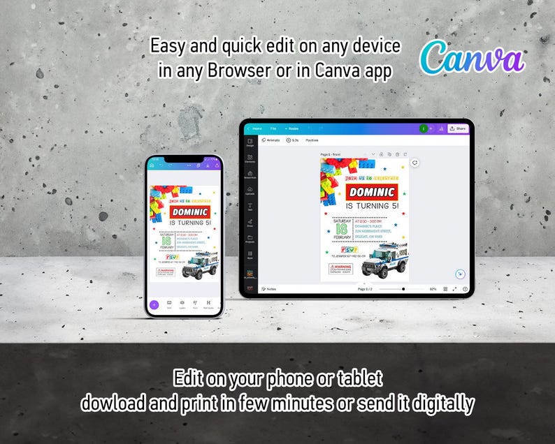 May include: A digital invitation template for a birthday party. The invitation features a colorful design with a toy truck and the text "DOMINIC IS TURNING 5". The invitation is editable in Canva.