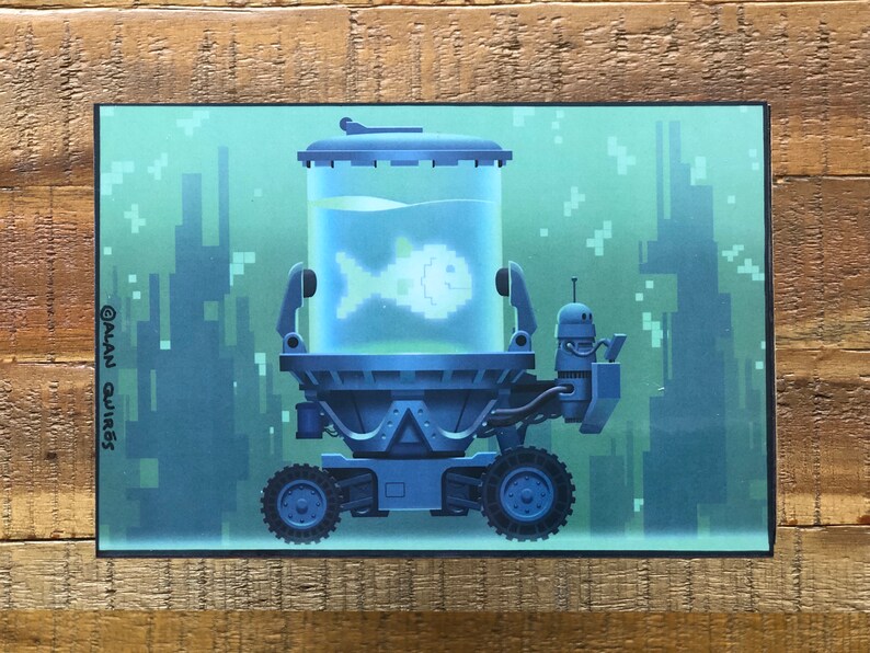 May include: A blue robot vehicle with a large, clear container holding a white pixelated fish. The vehicle is driving through a pixelated city landscape.