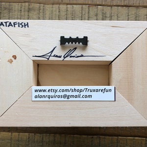 May include: A wooden frame with a white background. The frame has a small metal hook on the top and a white label with the text "www.etsy.com/shop/Truxarefun alanrquiros@gmail.com". The frame also has the text "DATAFISH" written on the top left corner and a signature in the top right corner.