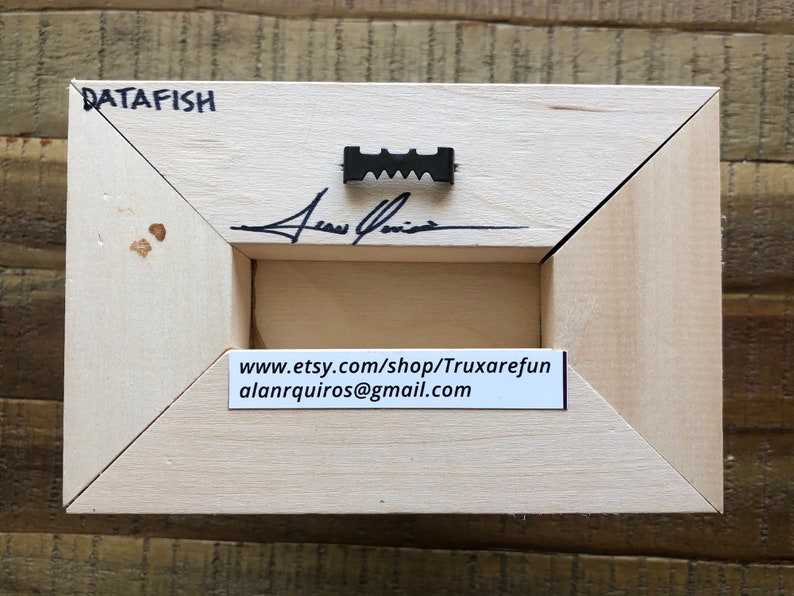 May include: A wooden frame with a white background. The frame has a small metal hook on the top and a white label with the text "www.etsy.com/shop/Truxarefun alanrquiros@gmail.com". The frame also has the text "DATAFISH" written on the top left corner and a signature in the top right corner.