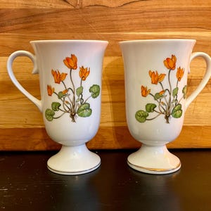 Pair of Porcelain Floral Tea/Coffee Cups With Orange Flowers