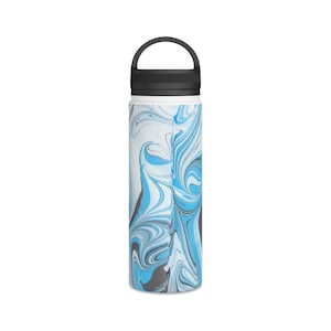 May include: A stainless steel water bottle with a black handle and lid. The body of the bottle features a swirling pattern of white, light blue, and gray colors. The bottle is designed to keep beverages cold or hot.