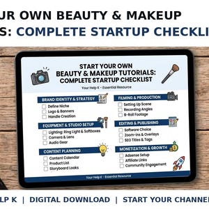 Op de afbeelding: Een digitale tablet met een checklist getiteld Start Your Own Beauty & Makeup Tutorials: Complete Startup Checklist, met secties voor merkidentiteit, filmen, apparatuur, bewerking, contentplanning en groei.
