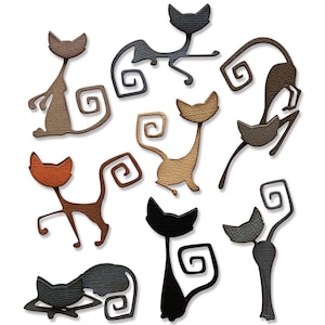 May include: A collection of stylized cat silhouettes in various colors, including brown, black, and orange. Each cat has a unique pose and a swirled tail. The cats are cut from textured paper.