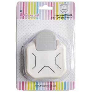 May include: A white 3-in-1 angle punch with a gray lever, packaged on a card with a colorful striped design. The packaging includes the text "Dress My Craft" and "3 in 1 Angle Punch".