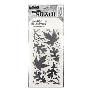 Puede incluir: Una plantilla con diseños de hojas, incluyendo hojas de arce y roble, y ramas. La plantilla es de la colección Tim Holtz y está diseñada para superponer con tintas, pinturas y pastas. El embalaje incluye el texto "STAMPERS ANONYMOUS".