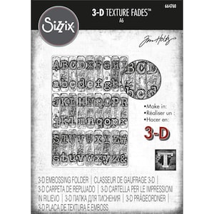 May include: A black and white image of an embossing folder with the text "3-D Texture Fades" and "Sizzix" on the top. The folder features a set of uppercase and lowercase letters in a 3-D style. The text "Make in:", "Réaliser un:", and "Hacer en:" is listed on the right side of the image. The text "3-D" is in red and white. The text "3-D Embossing Folder", "Classeur de Gaufrage 3-D", "3-D Carpeta de Repujado", "3-D Cartella per le Impressioni in Rilievo", "3-D Папка для тиснення", "3-D Prägeordner", and "3-D Placa de Textura e Emboss" is listed at the bottom of the image.