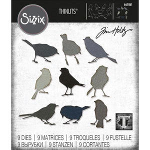 May include: Nine die-cut metal bird shapes for crafting. The birds are in various shades of grey, black, and blue. The die cuts are from the Sizzix brand and designed by Jim Holtz. The product number is 665861. The text "THINLITS®" is also visible on the image.