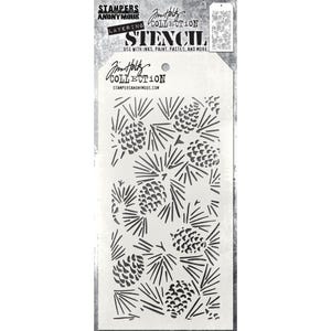 May include: A white plastic stencil with a repeating pattern of pine cones and pine needles. The stencil is labeled "Jim Holtz Collection Layering Stencil" and "Stampers Anonymous".