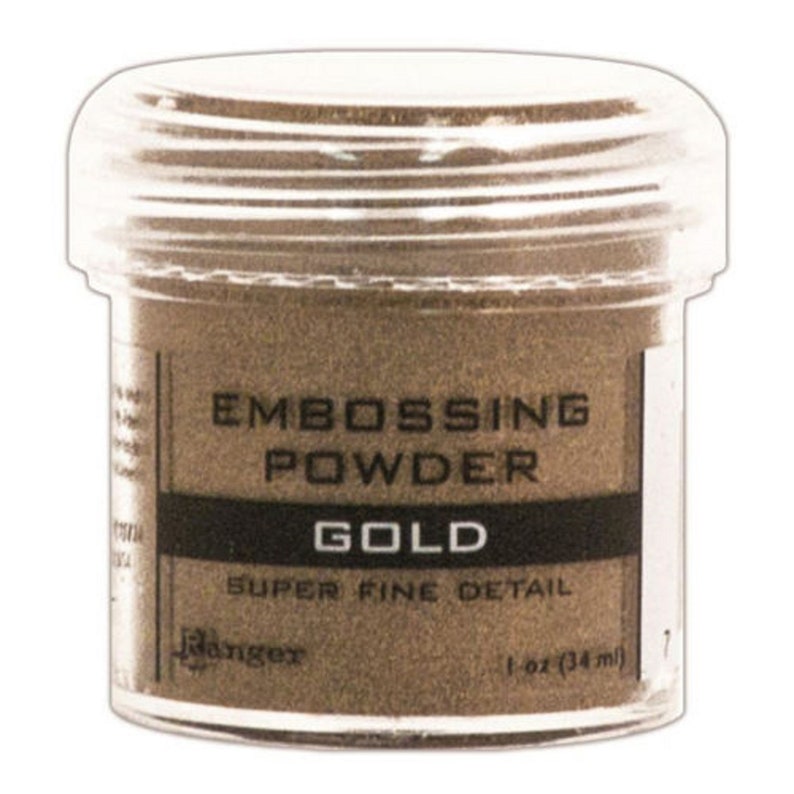 May include: A small, clear plastic jar filled with gold embossing powder. The label reads "Embossing Powder Gold Super Fine Detail Ranger 1 oz (34 ml)"