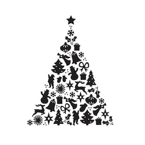 Puede incluir: Silueta en blanco y negro de un árbol de Navidad formado por varios iconos navideños, incluyendo estrellas, adornos, renos, ángeles y un muñeco de nieve.