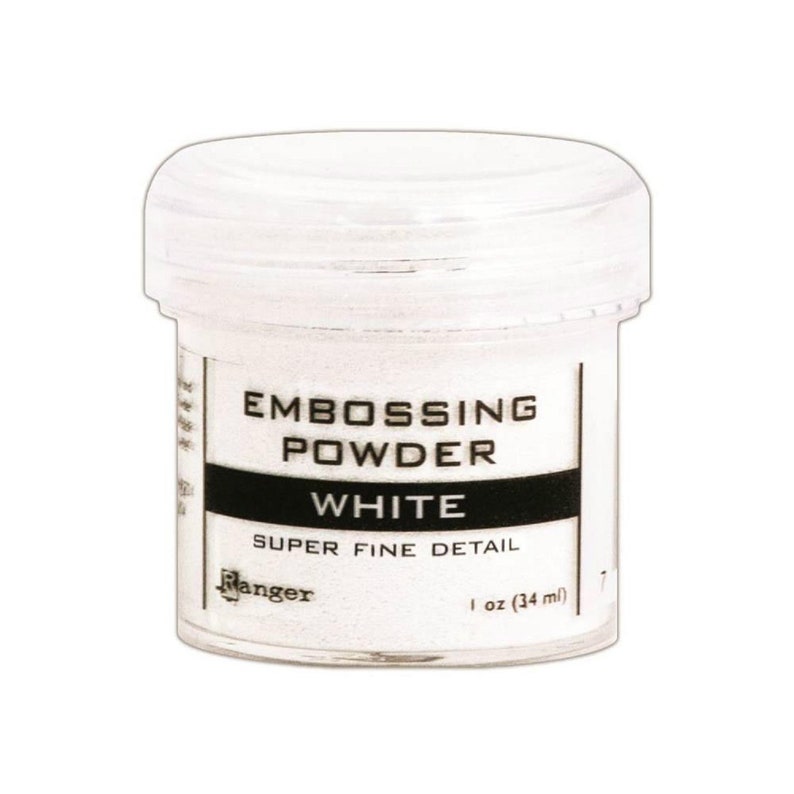 May include: A white jar of Ranger embossing powder labeled "Embossing Powder White Super Fine Detail 1 oz (34 ml)"