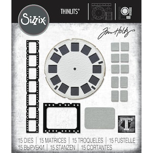 May include: Sizzix Thinlits die set featuring various shapes, including a film strip, a circular design, and rectangular elements. The set includes the text "15 DIES | 15 MATRICES | 15 TROQUELES | 15 FUSTELLE | 15 ВЫРУБКИ | 15 STANZEN | 15 CORTANTES".