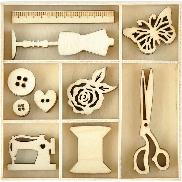 Kaisercraft Wood Mini Themed Embellishments FL623 35pc. Treasures - sewing machine, buttons, scissors, thread spools, rulers