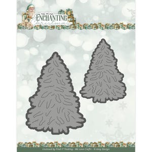 May include: Two grey die-cut Christmas tree shapes on a white background with the words "Enchanting Christmas" at the top. The trees have detailed line designs. The bottom of the image has a border of gift boxes.