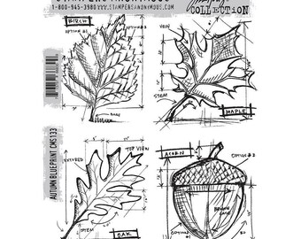 CMS133 Tim Holtz /Stampers Anonymous Autumn Blueprint Cling Stamp Set Leaves Acorn