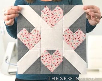 Hearts & Kisses Quilt Block Pattern PDF | 2 Sizes Included