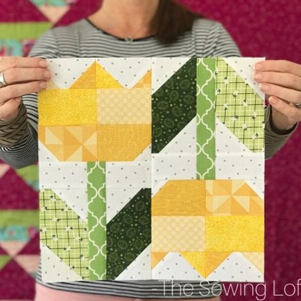 Spring Tulips Quilt Block Pattern - PDF Includes instructions for 6 inch and 12 inch Finished Blocks
