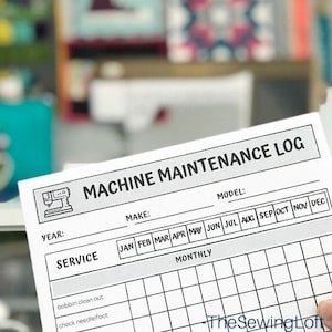May include: A black and white printable sewing machine maintenance log with a simple illustration of a sewing machine. The log includes sections for year, make, model, service, and monthly maintenance. The months of the year are listed across the top of the log, and the service items are listed down the left side. The log is designed to help sewists keep track of their machine's maintenance.