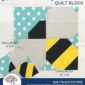 May include: A quilt block pattern with the text "Bumble Bee" and "Quilt Block". The design features a small block (6" x 6") and a large block (12" x 12") with various fabric patterns, including polka dots, gray, black, and yellow stripes.