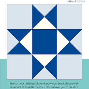 May include: A quilt block pattern titled "Ohio Star" with a geometric design in blue and white. The pattern is beginner-friendly and includes two finished block sizes: 12" x 12" and 6" x 6". The Sewing Loft logo is in the upper left.