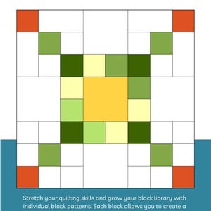 Op de afbeelding: Een quiltblokpatroon getiteld "Celtic Trail" met een mix-and-match ontwerp. Het patroon heeft een raster van vierkanten in wit, oranje, groen en geel. De tekst bevat "The Sewing Loft" en blokgroottes van 30,48 cm x 30,48 cm en 15,24 cm x 15,24 cm.