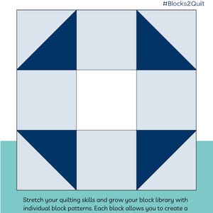May include: A quilt block pattern titled "Shoo Fly" with a mix and match design, suitable for beginners. The pattern features a geometric design with blue and white squares and triangles. The pattern includes two finished block sizes: 12" x 12" and 6" x 6".